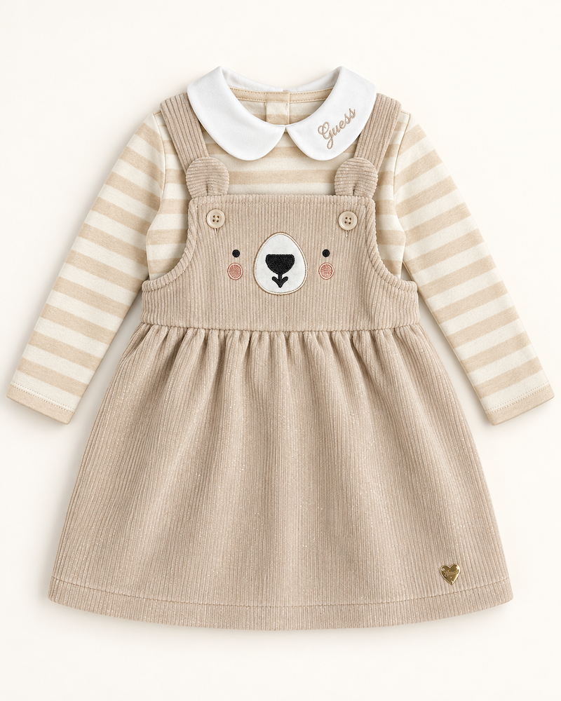 Completo vestitino con orsetto e body a righe Guess