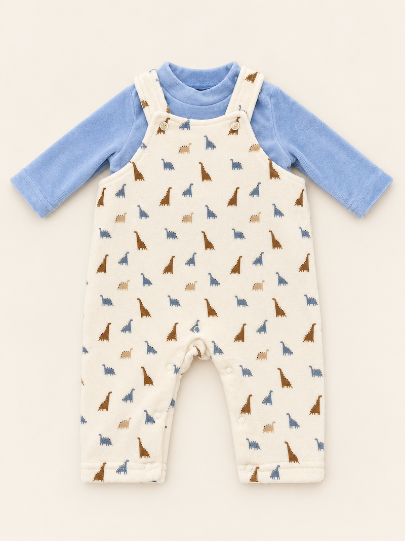 Completo maglia e salopette con dinosauri