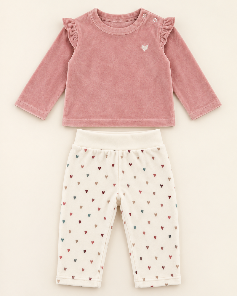 Completo maglia con ruches e pantalone con cuoricini