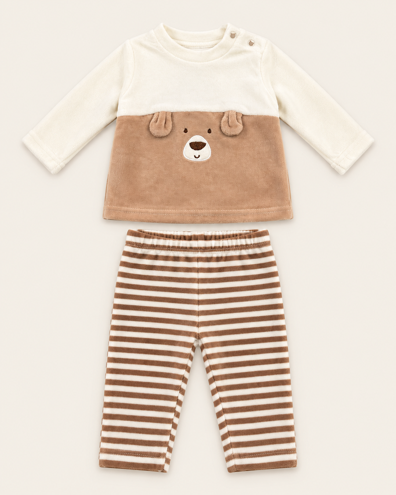 Completo maglia con orsetto e pantalone a righe